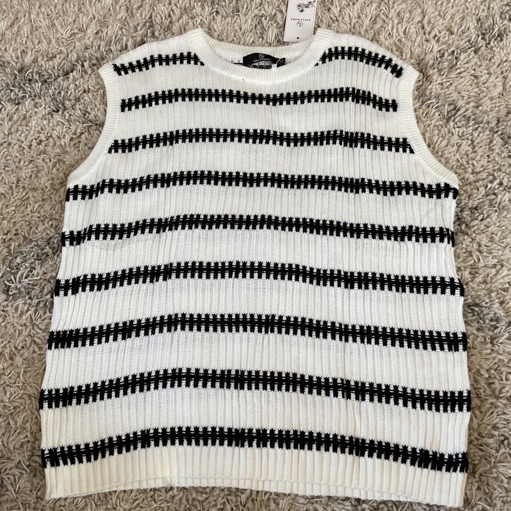 LILLUSORY Womens Striped Knit Sweater Vest‎ Cream Black Crew Neck XL NWT